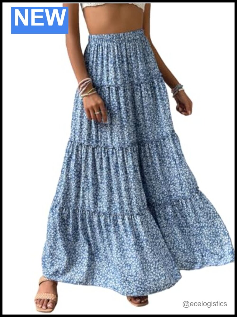 Floral Print Elastic High Waist Pleated Ruffle Flowy Maxi Skirt